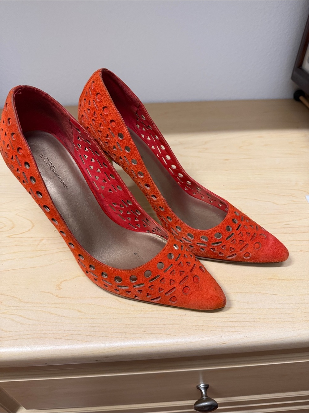 BCBGeneration Orange Suede Laser Cut Pointed Toe Pumps Heels